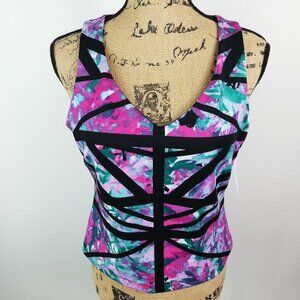 Bisou Bisou Womens Medium Sleeveless Scuba Tops Purple Black Floral Illusion Top
